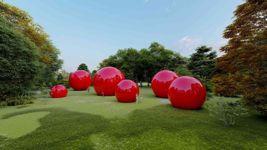 metal red sphere sculpture