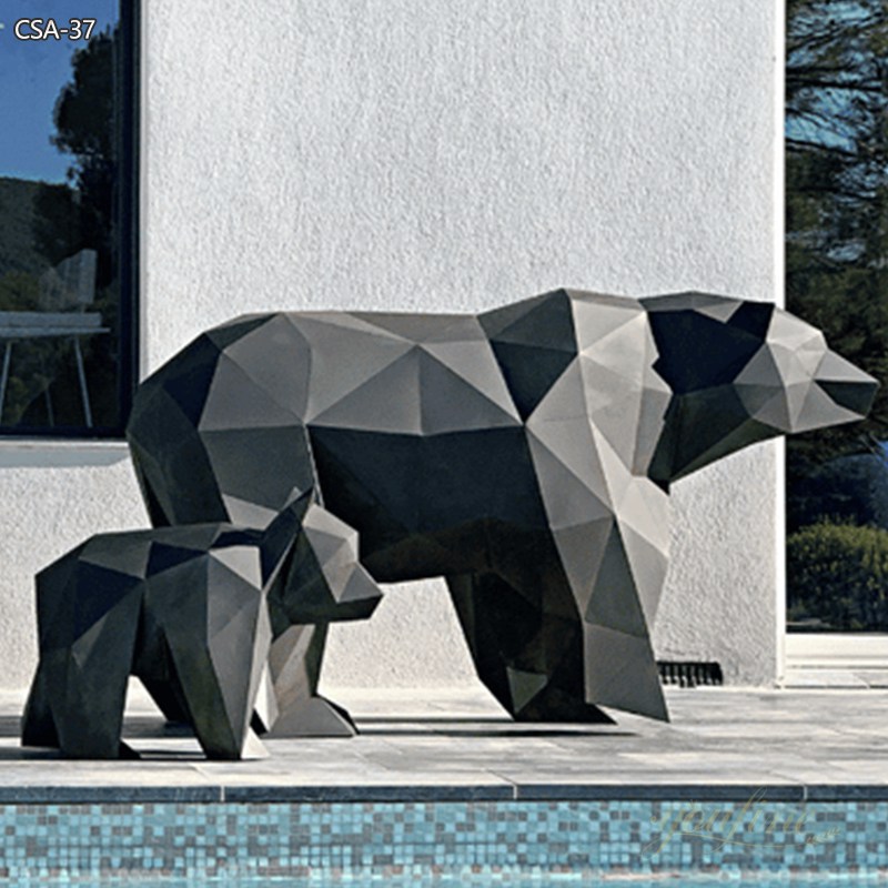 Outdoor Metal Black Bear Large Polygonal Sculpture for Sale