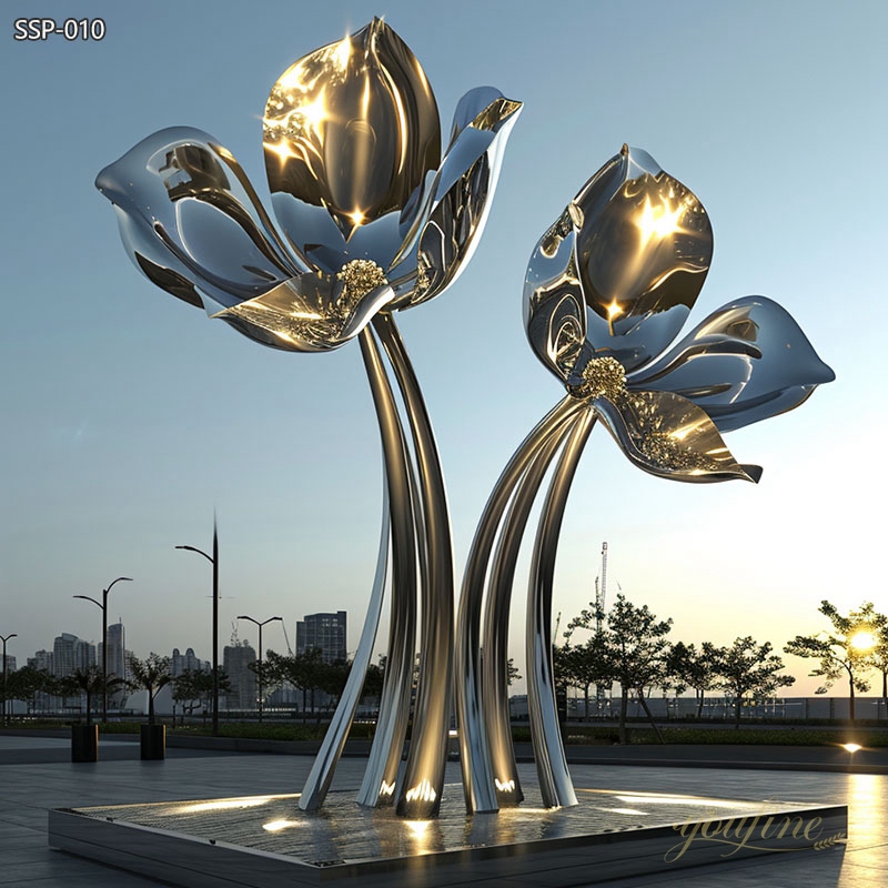 Mirror polished stainless steel flower sculpture for square