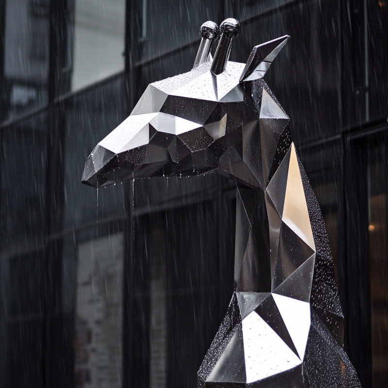 geometric giraffe sculpture in heavy rainy day