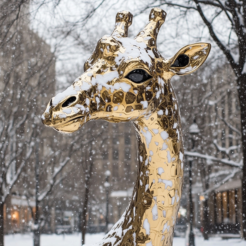 golden color giraffe in snowy day