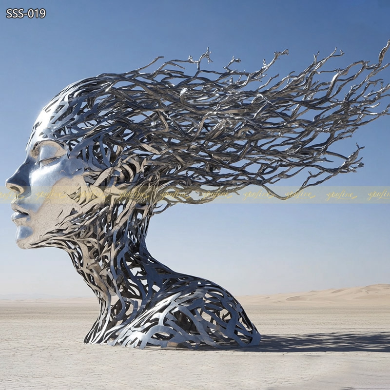 Hyperrealistic Stainless Steel Female Statue for Desert