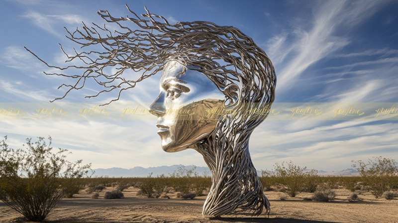 Hyperrealistic Stainless Steel Female Statue for Desert