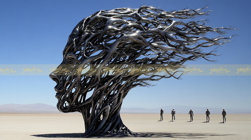 Hyperrealistic Stainless Steel Female Statue for Desert