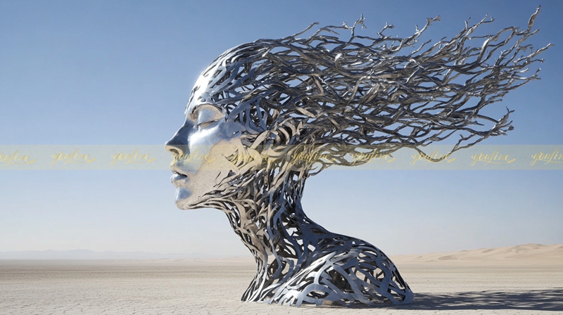 Hyperrealistic Stainless Steel Female Statue for Desert