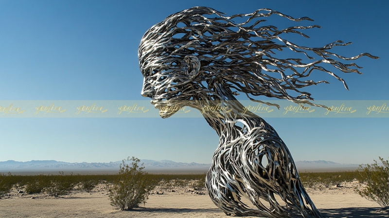 Hyperrealistic Stainless Steel Female Statue for Desert