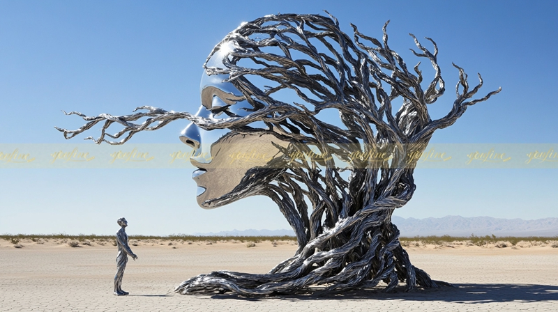 Hyperrealistic Stainless Steel Female Statue for Desert