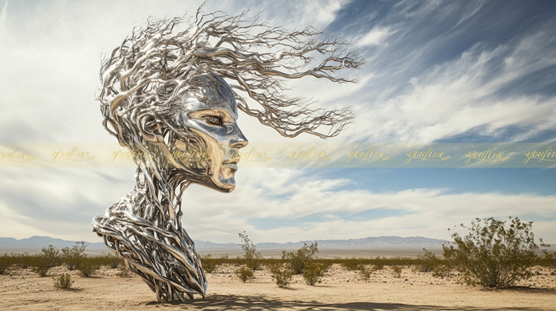 Hyperrealistic Stainless Steel Female Statue for Desert