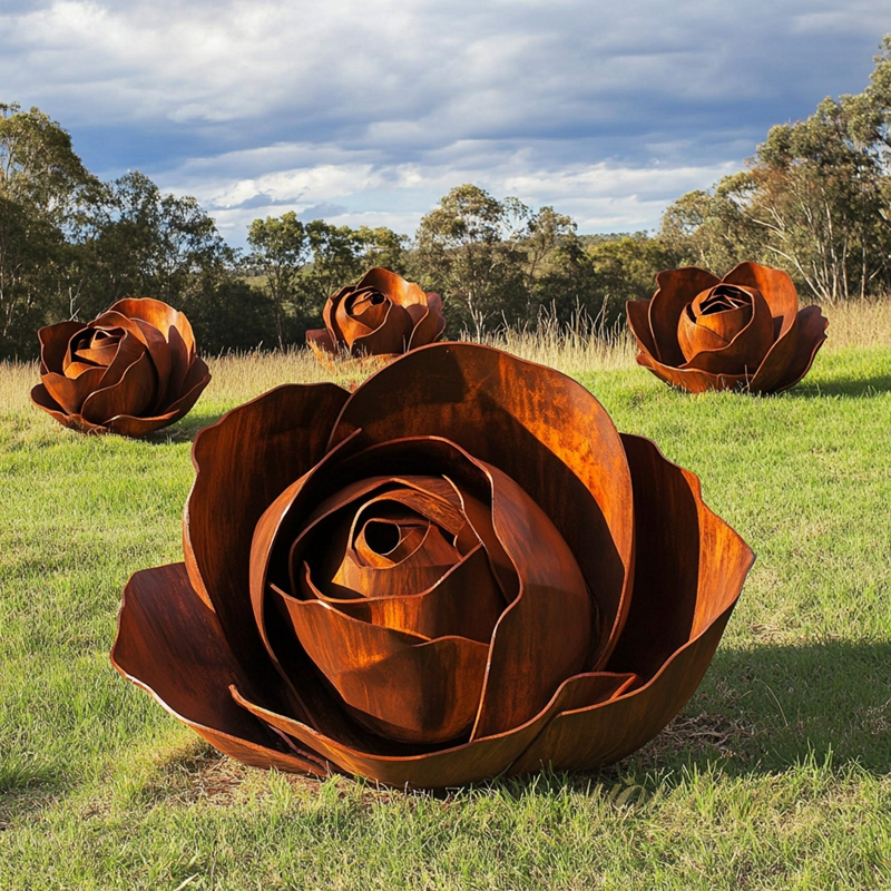 corten steel rose sculpture