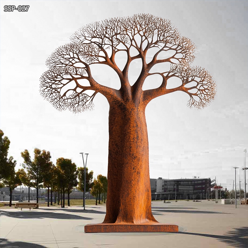 large corten steel baobab tree sculpture