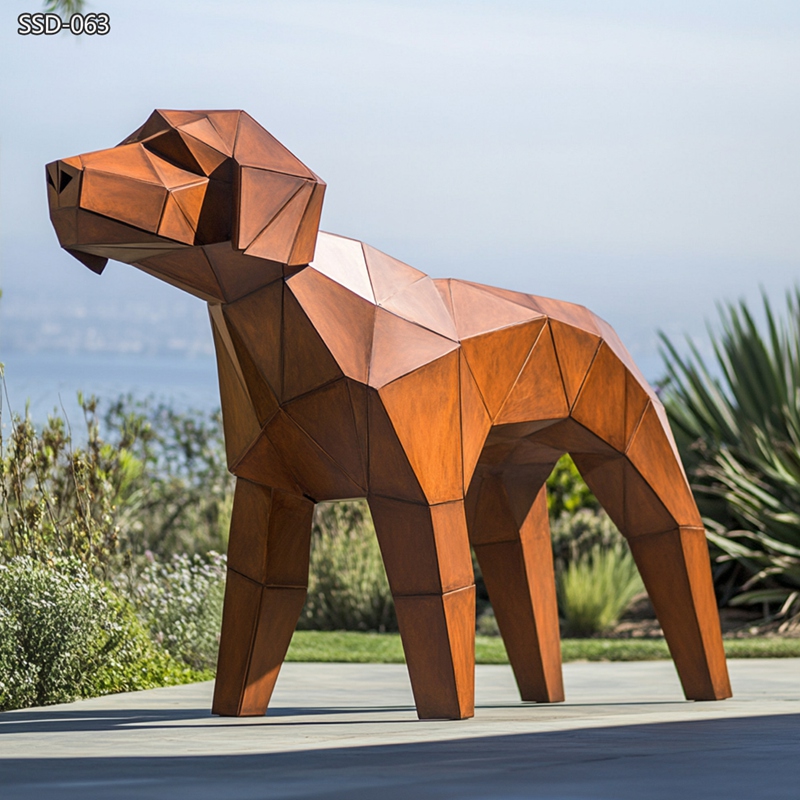 outdoor corten steel geometric dog sculpture