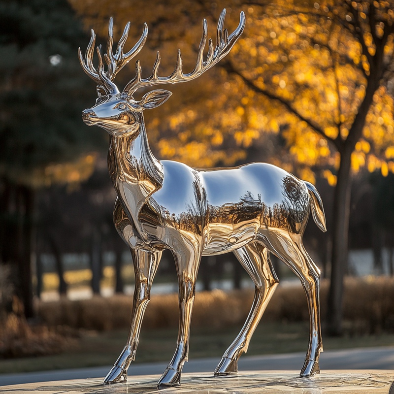 outdoor large stainless steel sculpture of deer