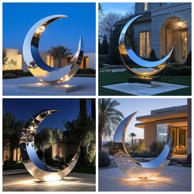 high polished stainless steel moon sculpture in different place